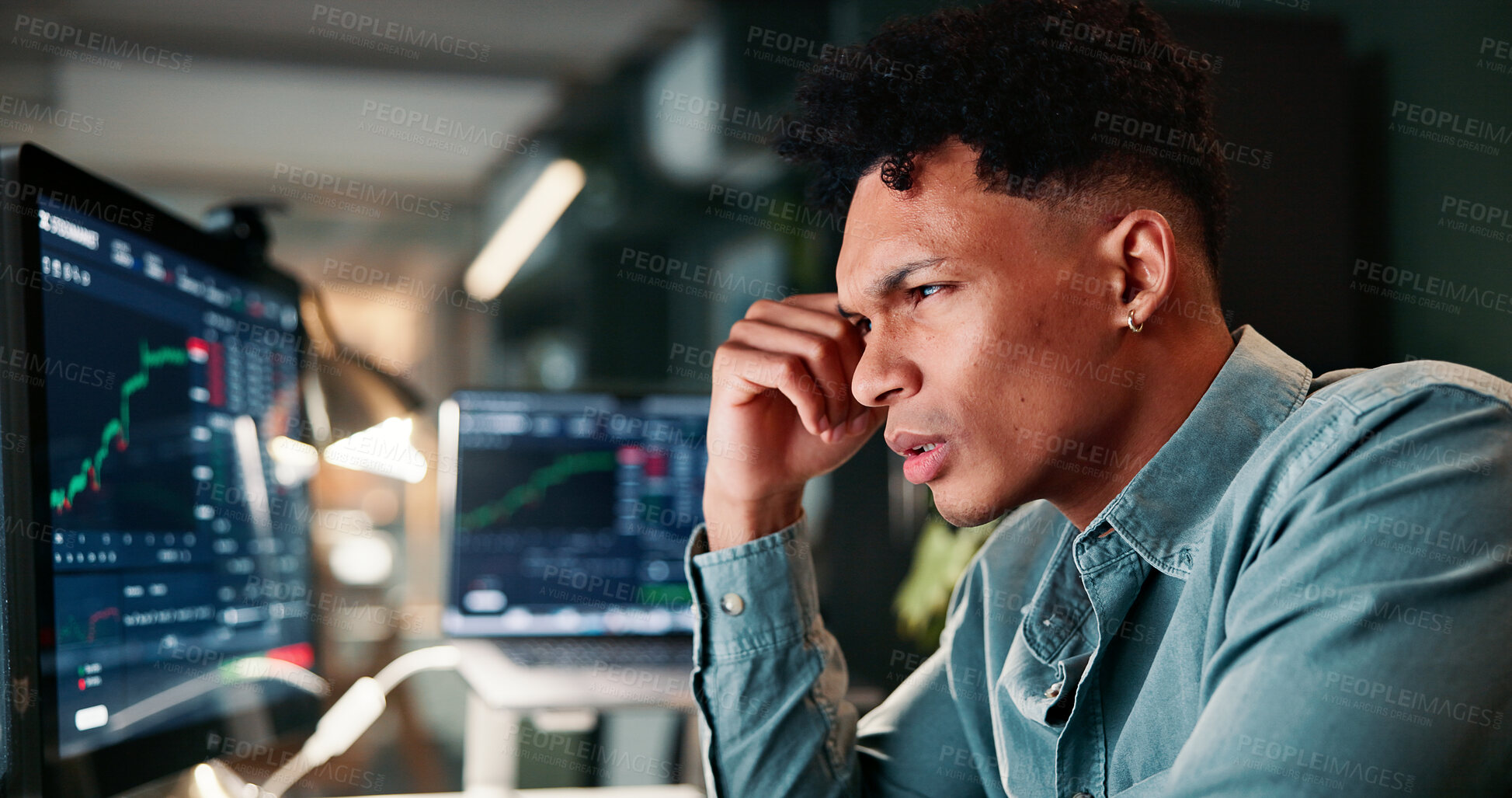 Buy stock photo Man, trading and computer screen with stress for graphs with market crash, results and stock value at office. Person, frustrated and investor at night for stats, worry and lost revenue at agency