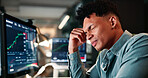 Man, headache and computer screen with trading, charts or stress for revenue report in office at company. Person, migraine and pain at night, graph or fatigue with research for stock market at agency