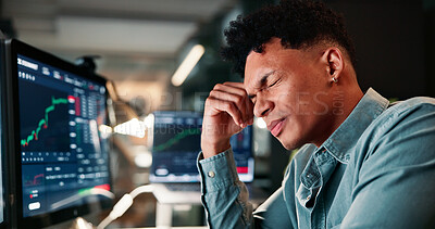 Buy stock photo Man, headache and computer screen with trading, charts or stress for revenue report in office at company. Person, migraine and pain at night, graph or fatigue with research for stock market at agency