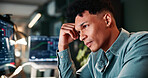 Man, headache and computer screen with trading, stats or stress for revenue report in office at company. Person, migraine and pain at night, graphs or fatigue with research for stock market at agency