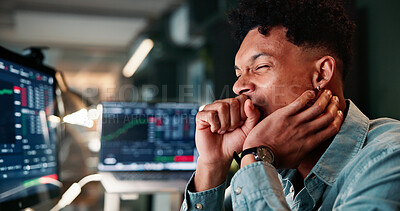 Buy stock photo Man, yawn and tired by computer screen for trading, charts or fatigue for report in office at company. Person, overtime and monitor at night, exhausted and burnout for stock market stats at agency