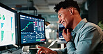 Phone call, happy and man by computer screen in office with trading at night for investment account. Technology, communication and male financial analyst with stock market risk analysis in workplace.