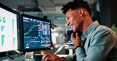 Buy stock photo Phone call, happy and man by computer screen in office with trading at night for investment account. Technology, communication and male financial analyst with stock market risk analysis in workplace.