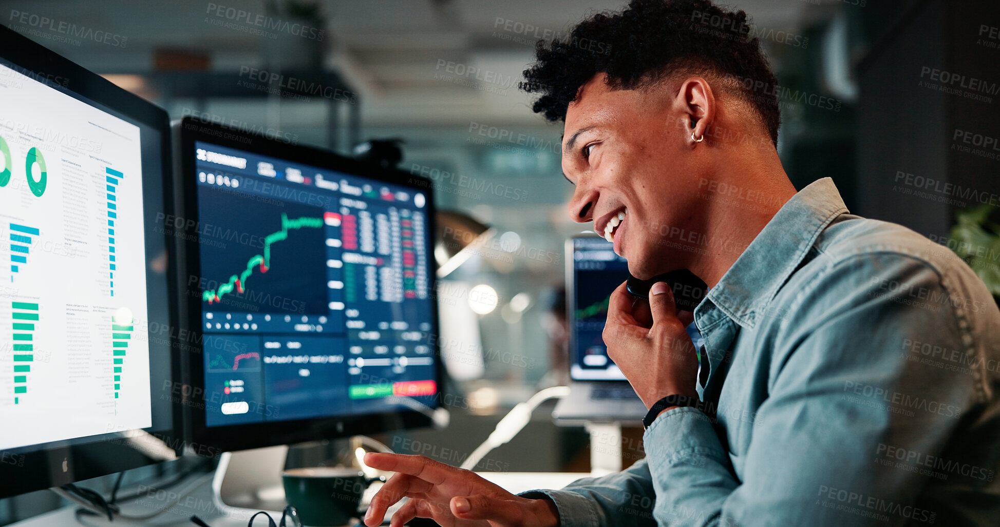 Buy stock photo Phone call, happy and man by computer screen in office with trading at night for investment account. Technology, communication and male financial analyst with stock market risk analysis in workplace.