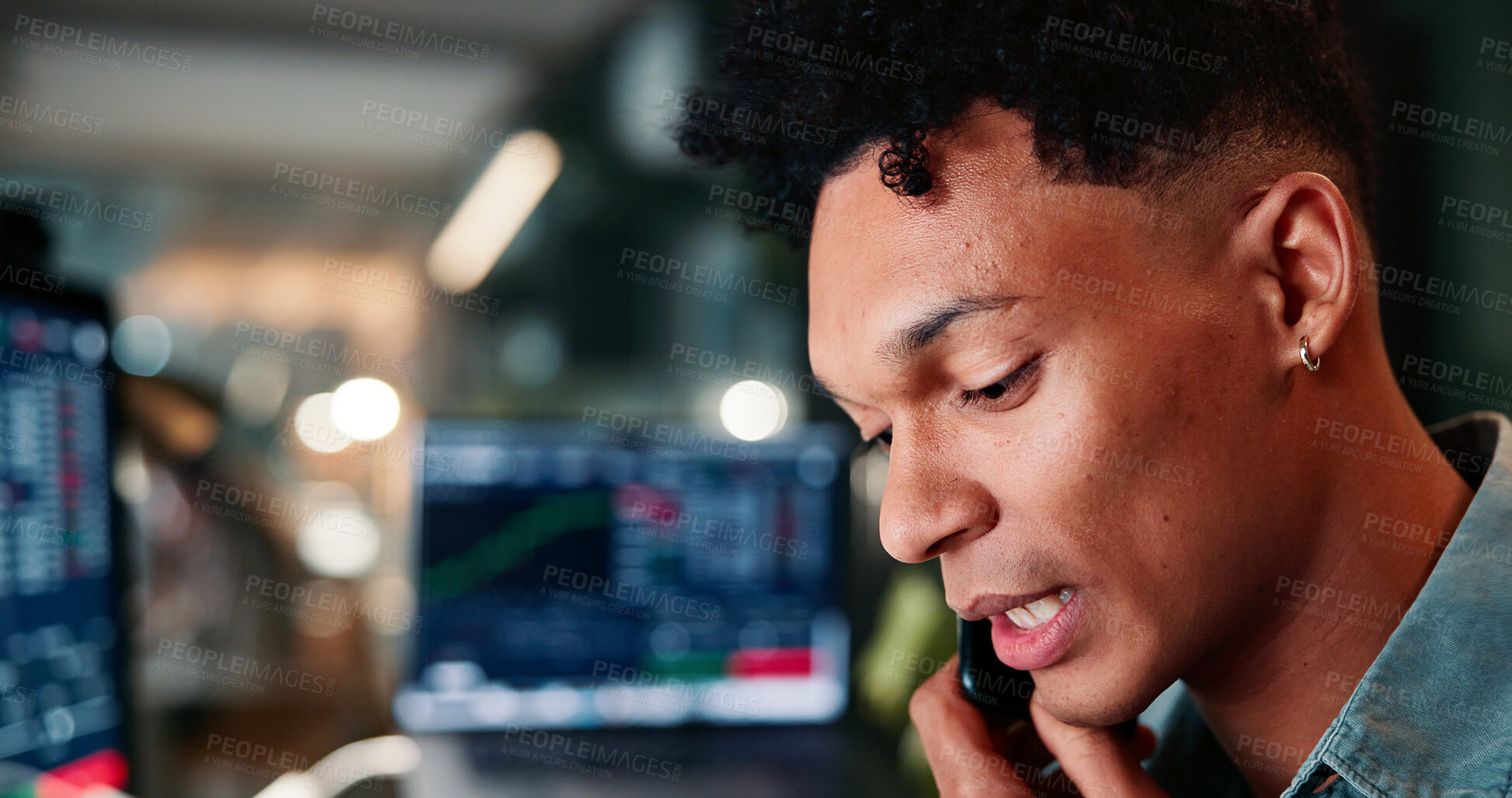 Buy stock photo Phone call, computer and man in office with trading at night for client investment account. Technology, communication and male financial analyst with stock market risk analysis in workplace.