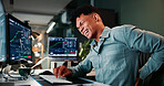 Man, back pain and computer screen with trading, stats and stress for revenue report in office at company. Person, spine injury and burnout at night, graphs and fatigue with stock market at agency