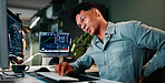 Man, back pain and computer screen with trading, stress and charts for market review in office at company. Person, spine injury and burnout at night, graphs and fatigue with statistics at agency