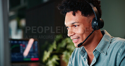 Buy stock photo Trading call center, smile or man on computer for customer service, investment advice and market insight. Contact us, advisor and broker with client query for financial news, assistance and charts
