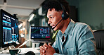 Trading support, screen or man on computer for customer service, investment advice and market insight. Contact us, call center and broker with client query for financial news, assistance and data