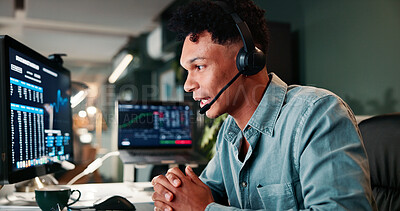 Buy stock photo Trading support, screen or man on computer for customer service, investment advice and market insight. Contact us, call center and broker with client query for financial news, assistance and data