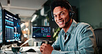 Trading support, portrait or man on computer for customer service, investment advice and market insight. Contact us, call center and happy broker with query for financial news, assistance and data