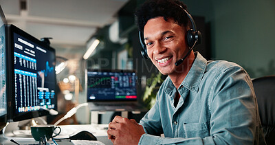 Buy stock photo Trading support, portrait or man on computer for customer service, investment advice and market insight. Contact us, call center and happy broker with query for financial news, assistance and data