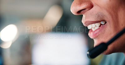 Buy stock photo Business, mic and man with closeup, call centre and conversation with help desk. Person, employee and agent in workplace, consulting and headset with mouth, professional and telemarketing with advice