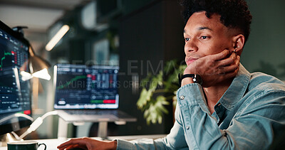Buy stock photo Man, tired and computer screen with trading, charts or burnout for revenue report in office at company. Person, bored and monitor at night, graph or fatigue with low energy for stock market at agency
