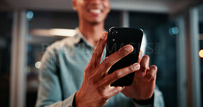 Buy stock photo Business, man and hands with phone in office for trading deadline, reading economy news and stocks research. Trader, person and smartphone closeup for portfolio management, overtime and profit growth