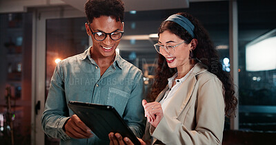 Business, people or tablet in office at night for investment news, review currency price or market research. Trader, teamwork or overtime with digital app for trading deadline, stocks account or help