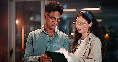 Buy stock photo Business, people and tablet in office at night for investment update, review currency price and stocks research. Trader, teamwork and overtime with digital app for trading deadline and data analysis