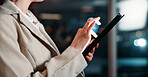 Hands, tablet and business woman in office to scroll email, check update or schedule for investment banking app. Digital tech, worker and internet for financial review, account or overtime at night