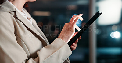 Buy stock photo Hands, tablet and business woman in office to scroll email, check update or schedule for investment banking app. Digital tech, worker and internet for financial review, account or overtime at night