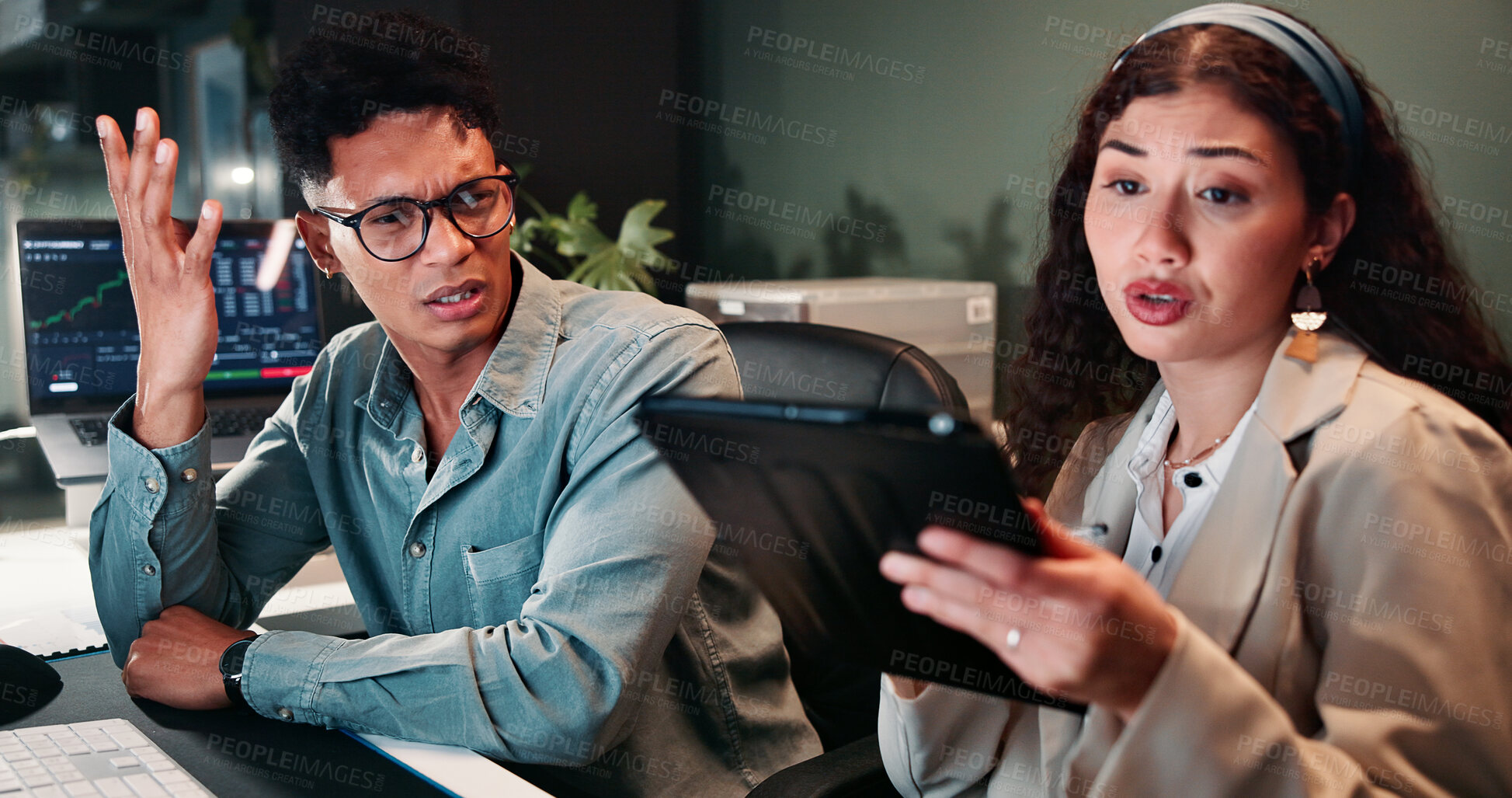 Buy stock photo Meeting, tablet and business people with stress in office for trading, online investment and stock market. Corporate, frustrated and man with woman on tech for finance analytics, planning and website