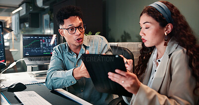 Buy stock photo People, talking and tablet for trading in office of statistics review, finance charts and stock market graph. Staff, digital and pointing with risk analysis, financial increase and investment pattern