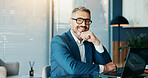 Happy, business and man with portrait in office for career pride, about us and finance consultant. Mature person, laptop and thinking for planning, schedule update and ideas for investment proposal