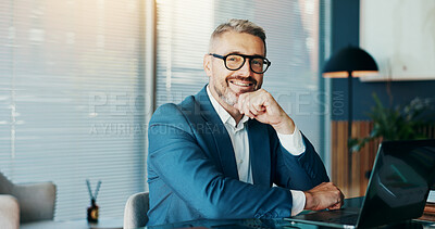 Buy stock photo Happy, business and man with portrait in office for career pride, about us and finance consultant. Mature person, laptop and thinking for planning, schedule update and ideas for investment proposal