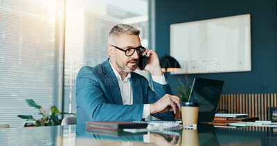 Buy stock photo Phone call, laptop and research with business man in office for stock broker, account manager and client contact. Market monitor, trade risk and feedback with person talking for investment planning