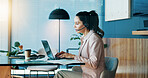 Call center, businesswoman and headset with laptop for telemarketing, customer information and office. Workplace, mature person and consultant with talking for online review, sales report or research