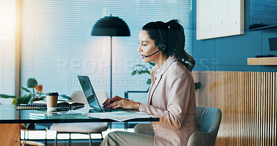 Buy stock photo Call center, businesswoman and headset with laptop for telemarketing, customer information and office. Workplace, mature person and consultant with talking for online review, sales report or research