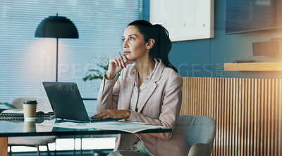 Buy stock photo Office, businesswoman and thinking with laptop for research, investment information or accountant. Career, mature person and auditor with digital for bookkeeping, auditing or ideas for finance report