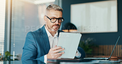 Buy stock photo Tablet, glasses and research with business man in office for stock broker, account manager or budget report. Market monitor, trade risk and profit growth with mature person for investment planning