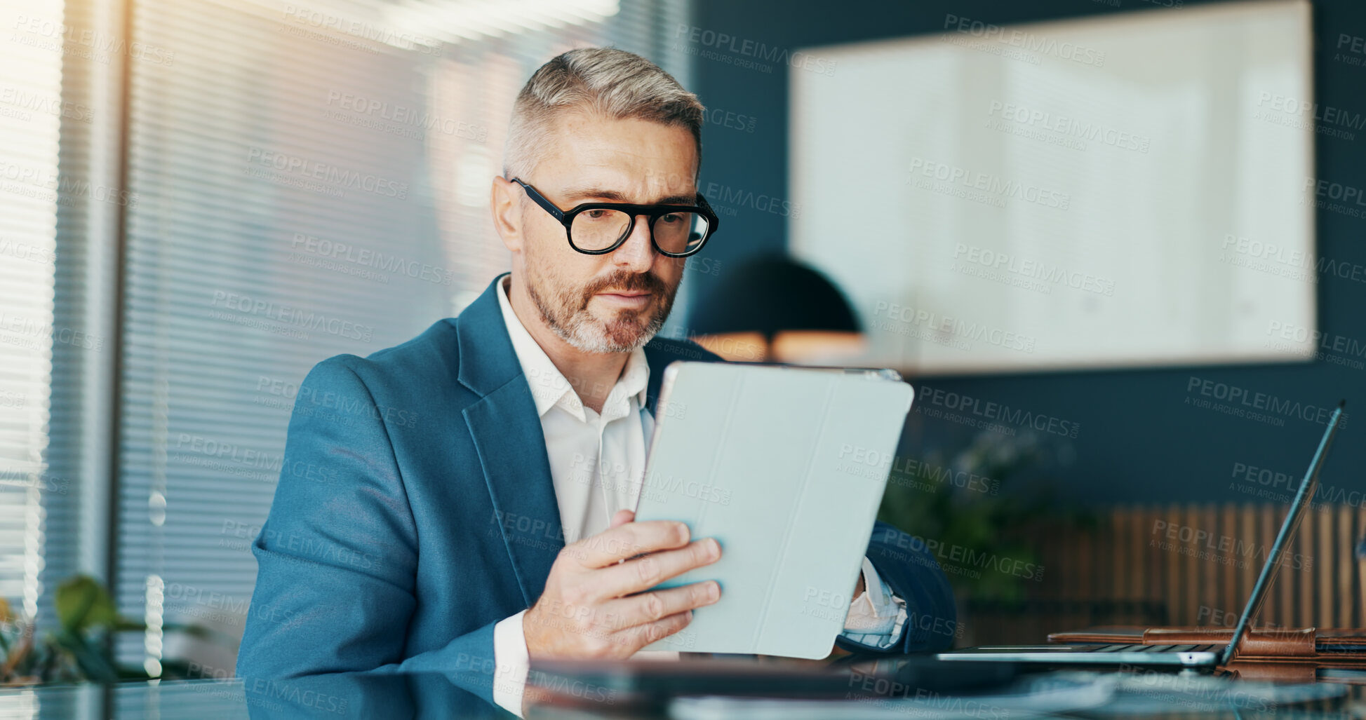 Buy stock photo Tablet, glasses and research with business man in office for stock broker, account manager or budget report. Market monitor, trade risk and profit growth with mature person for investment planning
