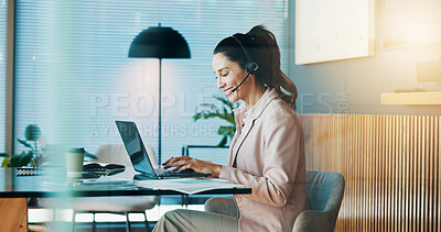 Buy stock photo Office, businesswoman and typing with laptop for call center, customer information and telemarketing. Workplace, mature person and consultant with headset for online review, sales report and research