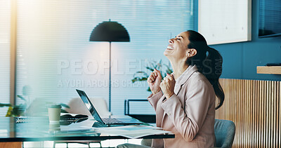 Buy stock photo Business, woman and laptop with celebration in office for job promotion, salary increase email and career success. Financial manager, happy mature person and victory fist for achievement or good news