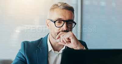 Buy stock photo Serious, research and mature man with laptop, office and online for financial growth, review and company. Corporate, sales manager and competitive analysis on website, planning and tech in business