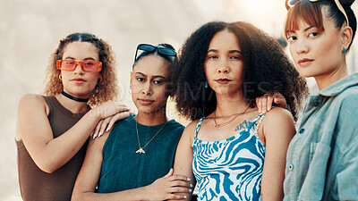 Buy stock photo Portrait, friends and women in city for fashion with streetwear, edgy clothes and confident. Cool, group and girls outdoor with trendy sunglasses, urban outfit and serious with gen z style for swag