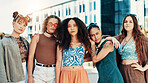 Girls, friends and fashion in city with streetwear, edgy clothes and confident with portrait. Cool, group and women outdoor with trendy sunglasses, urban outfit and bold with gen z style for swag