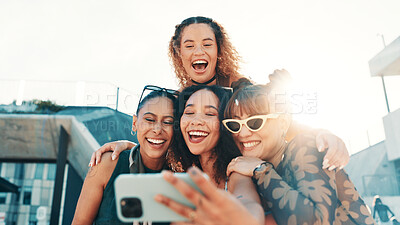 Buy stock photo Selfie, funny and women with fashion, outdoor and profile picture with happiness, support and laugh. Influencer, people and friends in street, humor or smile with diversity together or youth culture