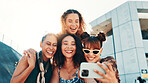 Selfie, group and women in city, fashion and profile picture with happiness, support and urban town. Outdoor, people and friends in street, streetwear or swag with diversity together or youth culture
