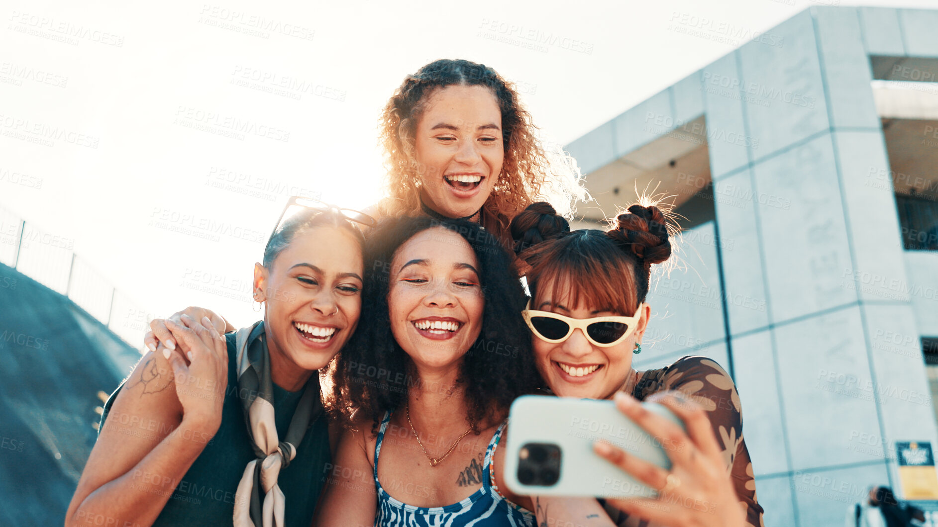 Buy stock photo Selfie, group and women in city, fashion and profile picture with happiness, support and urban town. Outdoor, people and friends in street, streetwear or swag with diversity together or youth culture