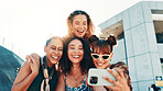 Selfie, group and women in city, fashion and profile picture with happiness, support and urban town. Outdoor, people and friends in street, streetwear or swag with diversity together or youth culture
