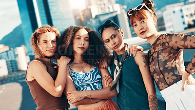 Buy stock photo Women, fashion and group with streetwear, style or clothes with portrait in city. Cool, trendy girls and outdoor together with urban outfit for confidence, culture and gen z friends with arms crossed
