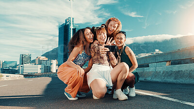 Buy stock photo Happy women, friends or peace sign with selfie in city for fashion style or picture together. Group, community or social with smile or emoji for photography, memory or capture moment in an urban town