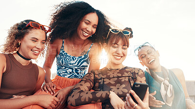 Buy stock photo City, friends and laughing with smartphone for social media, funny communication and comment with fashion. Urban, flare and happy women with mobile application for chat, joke and cool style for gen z