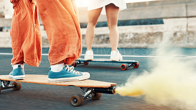 Buy stock photo People, skateboard and smoke on road in city for travel, fun activity and attention hobby. Legs, friends and transport equipment with flame signal as warning, speed torch and bonding together outdoor