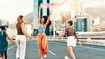 Happy women, friends and city with smoke for freedom, celebration or social movement in road or street. Female people, group or community with red flare for party, festival or outdoor signal in town