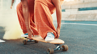 Buy stock photo Skateboard, smoke and balance with sneakers of person in city for gen z youth, streetwear fashion and shoes. Fitness, energy and travel with closeup of skater in street for riding, hobby and action