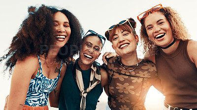 Buy stock photo Fashion, hug and portrait of friends in city in trendy clothes, casual outfit or modern style. Smile, happiness and group of people laughing in urban town for holiday, streetwear or vacation together