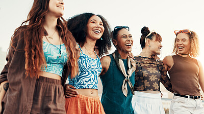 Buy stock photo Fashion, hug and group of friends in city in trendy clothes, casual outfit or modern style. Smile, diversity and happy people laughing in urban town for holiday, cool streetwear or vacation together